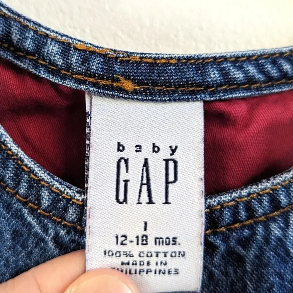 Vtg Baby Gap Dress Girls Sz 12-18m Denim Christmas Cabin Bear